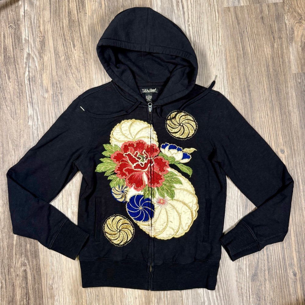 Lucky Brand Y2K Rare Indie Black Floral Embroidered Full Zip Hoodie Peony S
